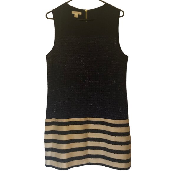 Boston Proper lined tweed shift dress--navy, off white, gold metallic sz 12 - Picture 1 of 13